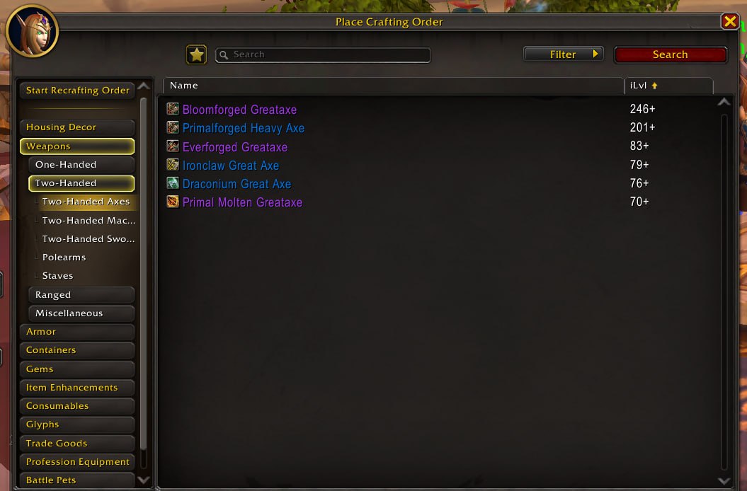 Crafted Weapon Selection